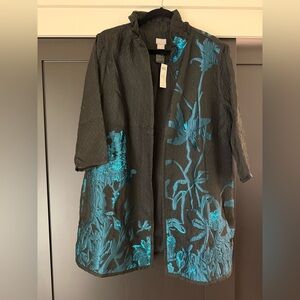 Chico open tunic. Dressy black/turquoise open front tunic. NWT